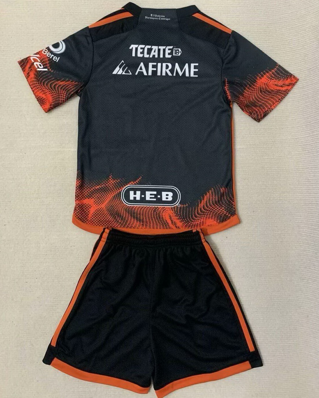 Kid Tigres UANL 2023/24 Third Orange/Black Soccer Jersey Kit