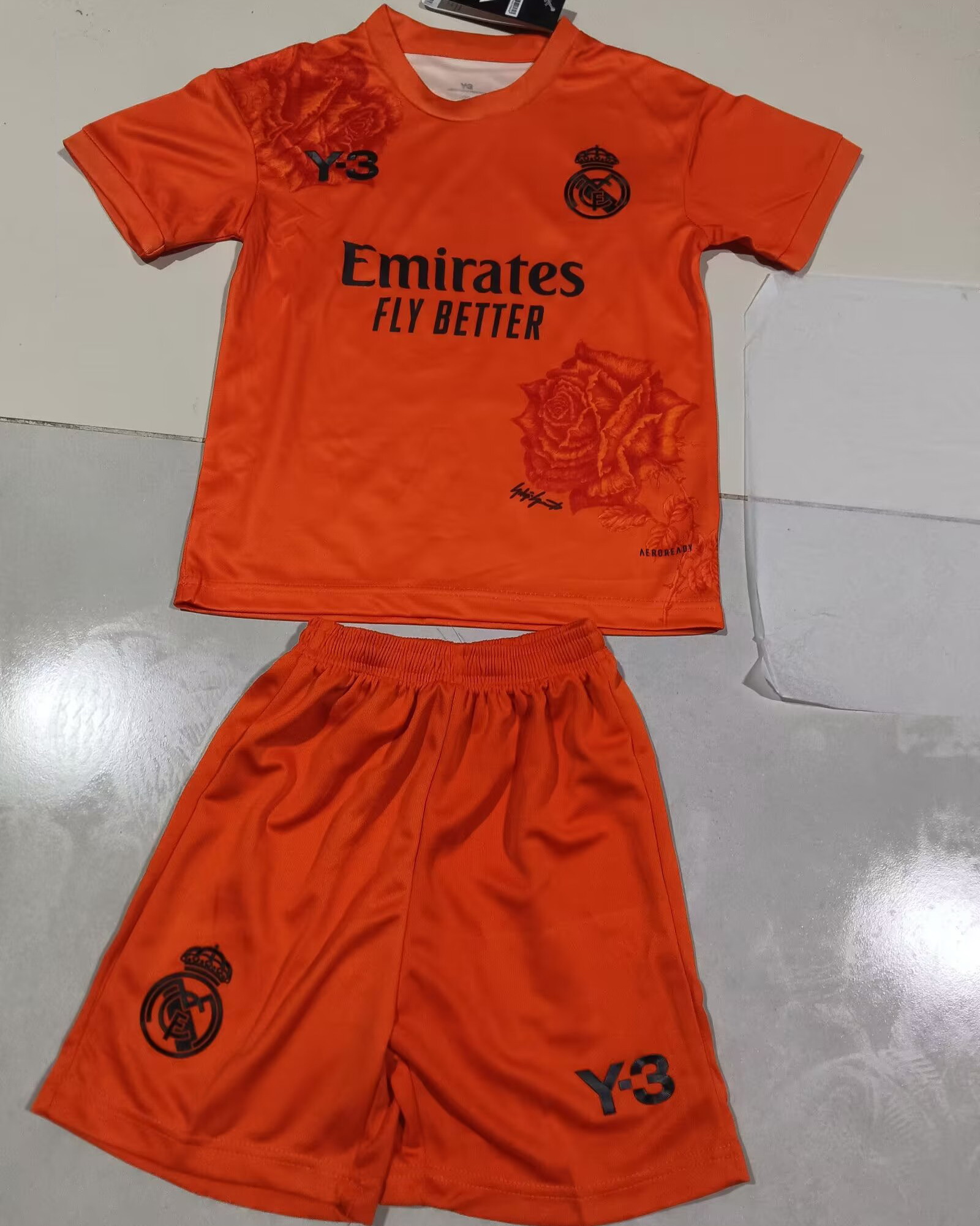 Kid Real Madrid 2024/25 Special Y3 Rose Orange Soccer Jersey Kit