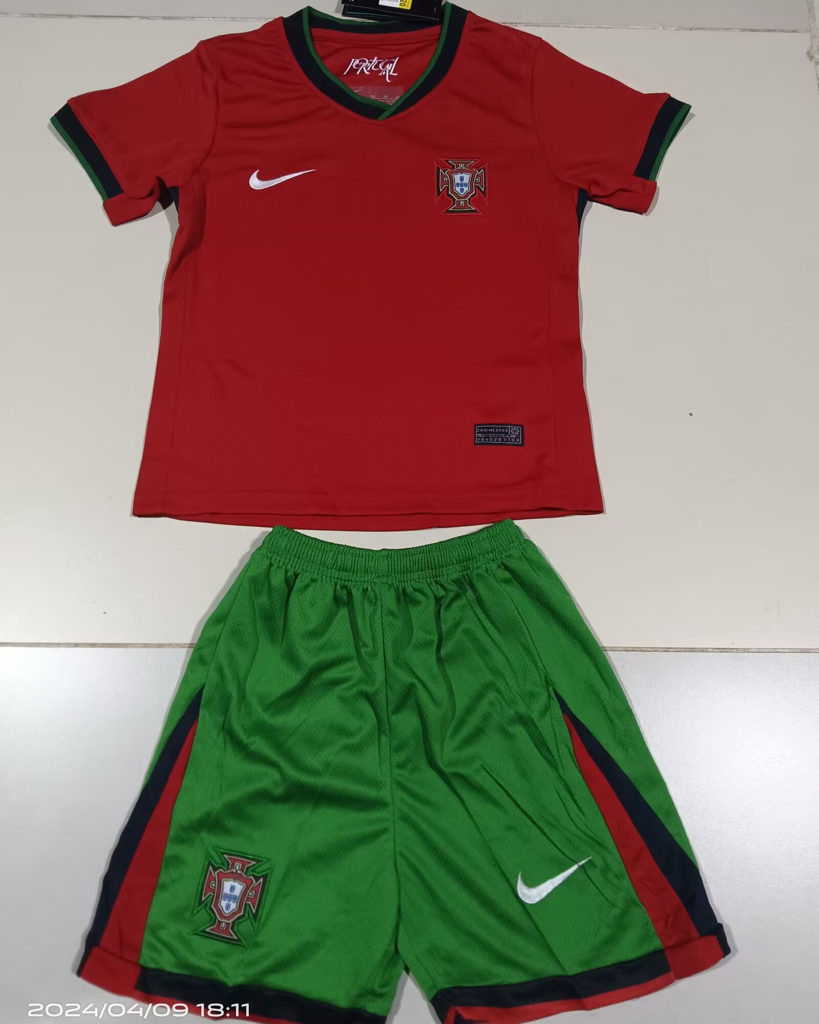 Kid Portugal 2024 European Cup Home Soccer Jersey Kit